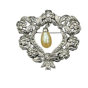 Avon Silver Romantic Renaissance Festival Brooch with Floral Design Faux Pearl